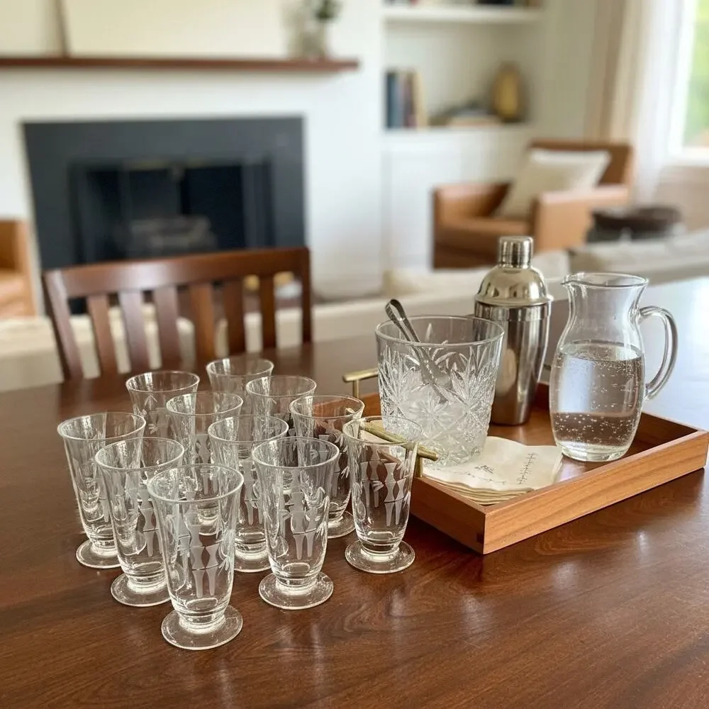 11 Sasaki Noritake Bamboo Etched Juice Glasses-Vintage-Japan-MCM Barware Set